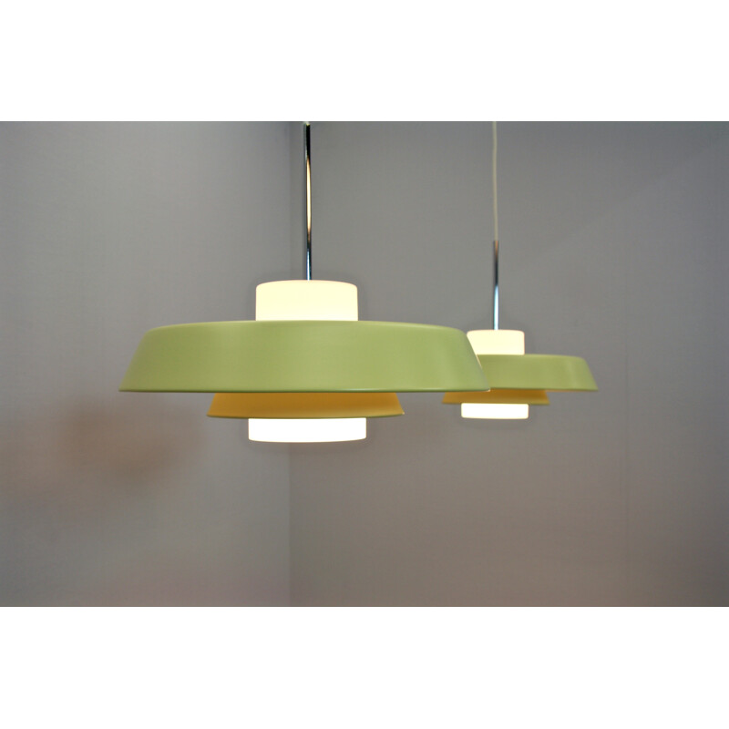 Pair of Danish yellow pendants in aluminum and frosted glass - 1980s