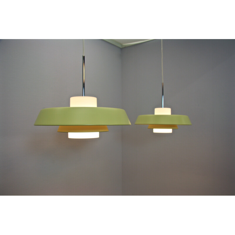 Pair of Danish yellow pendants in aluminum and frosted glass - 1980s