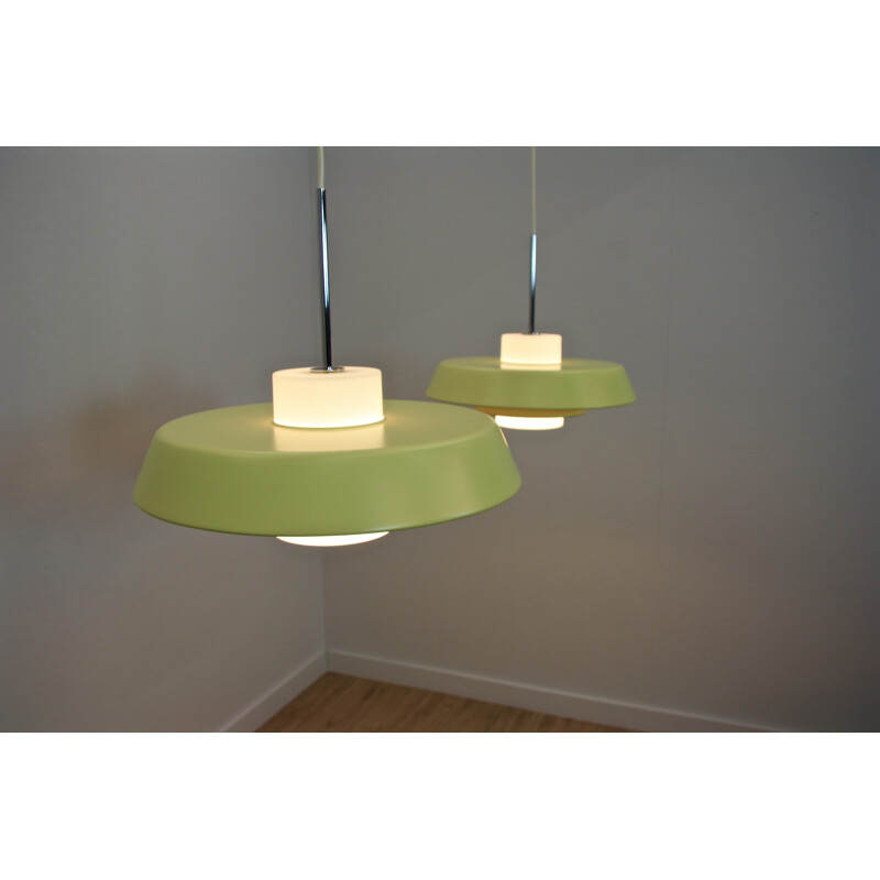 Pair of Danish yellow pendants in aluminum and frosted glass - 1980s