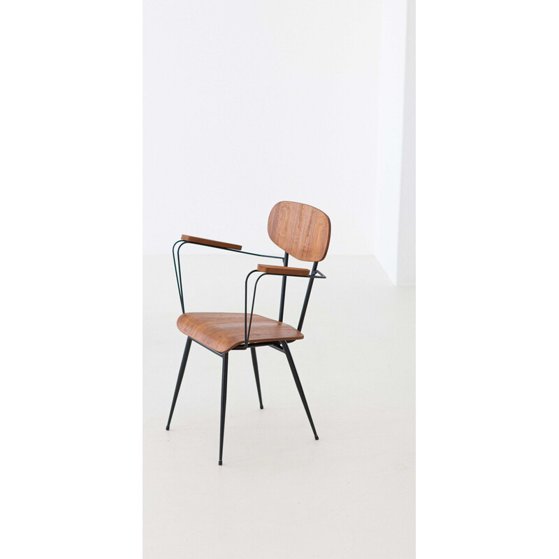 Italian vintage desk armchair in teak and black iron, 1950s