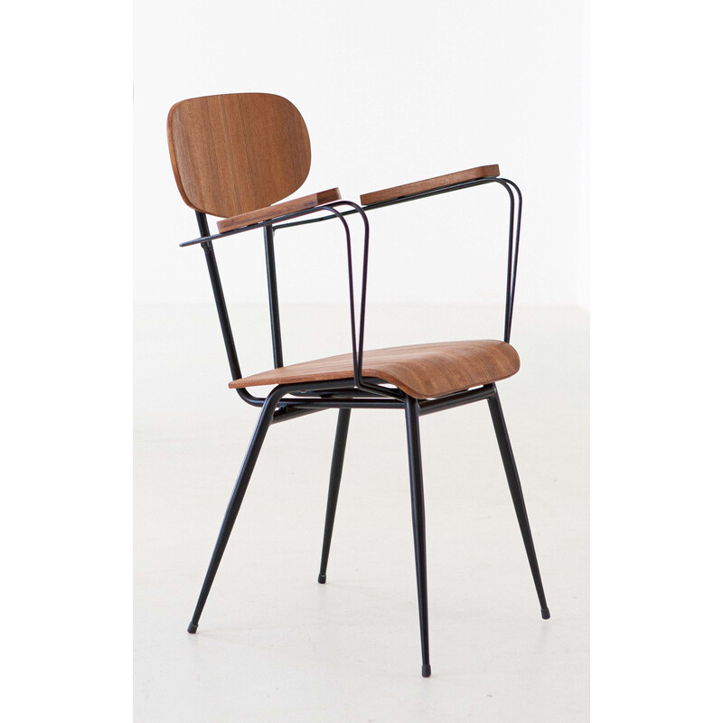 Italian vintage desk armchair in teak and black iron, 1950s