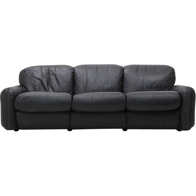 Vintage "Piumotto" 3 seater black leather sofa by Arrigo Arrigoni for Busnelli, 1970