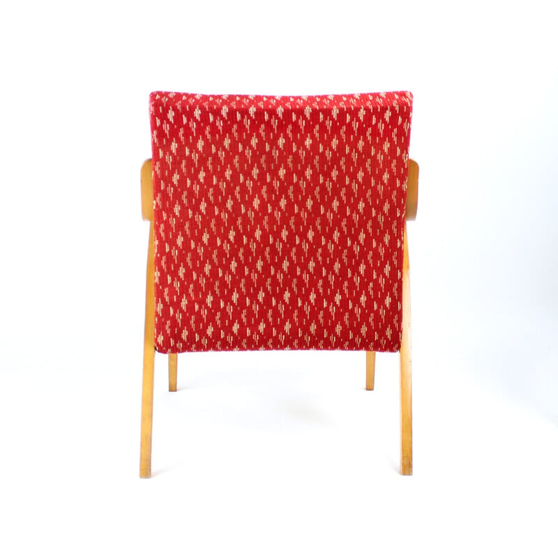 Vintage fauteuil in rode stof en blond hout van Mier, Tsjechoslowakije 1960