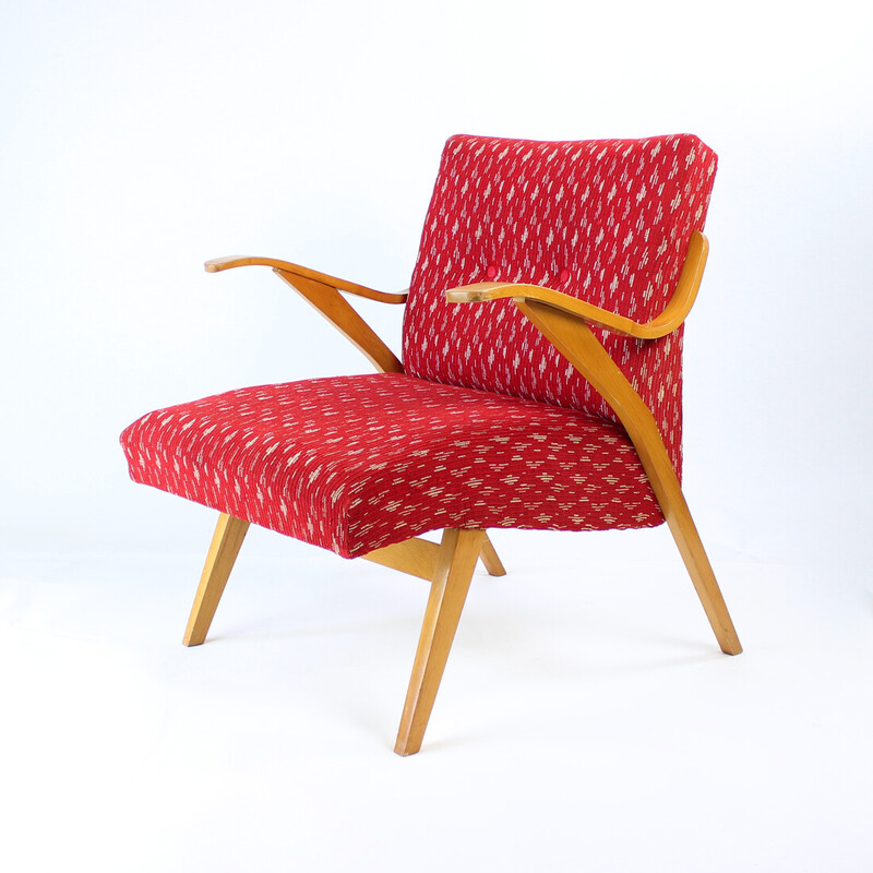 Mid century armchair in red fabric and blonde wood by Mier, Czechoslovakia 1960s