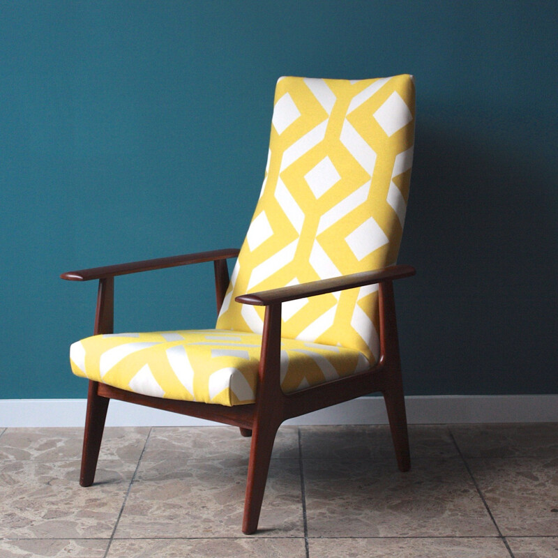 Dutch Topform armchair in teak and white and yellow fabric - 1970s