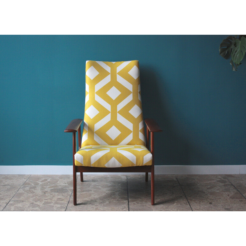 Dutch Topform armchair in teak and white and yellow fabric - 1970s
