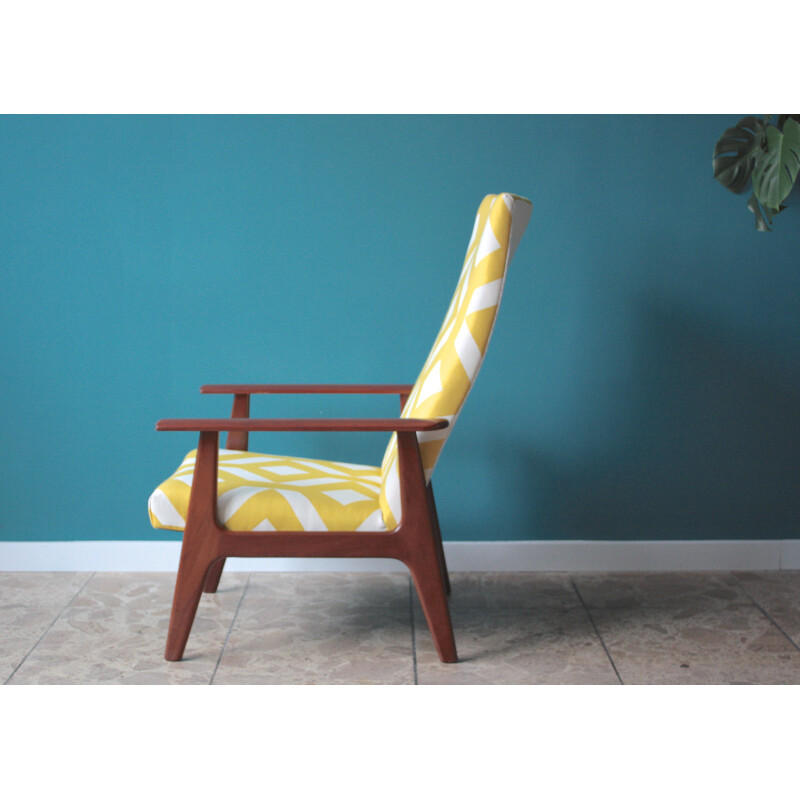 Dutch Topform armchair in teak and white and yellow fabric - 1970s