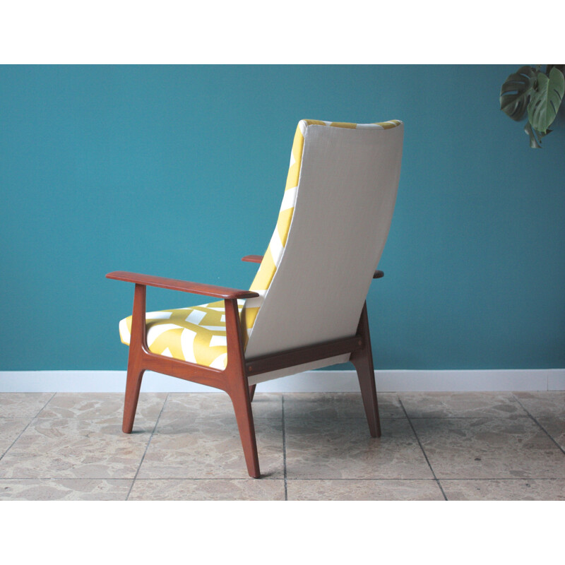 Dutch Topform armchair in teak and white and yellow fabric - 1970s