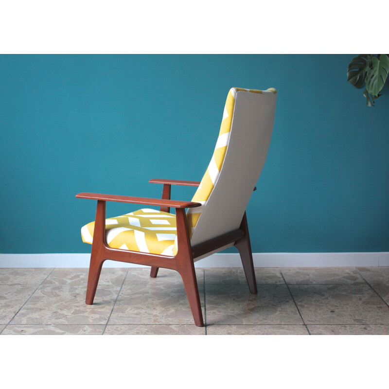 Dutch Topform armchair in teak and white and yellow fabric - 1970s