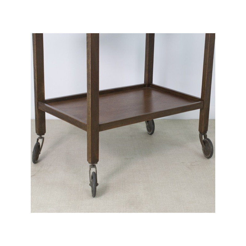 Vintage wood and metal serving table with wheels, 1930