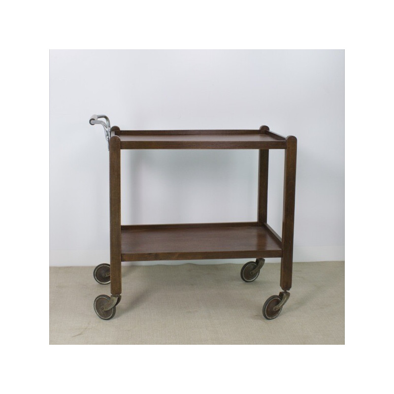 Vintage wood and metal serving table with wheels, 1930