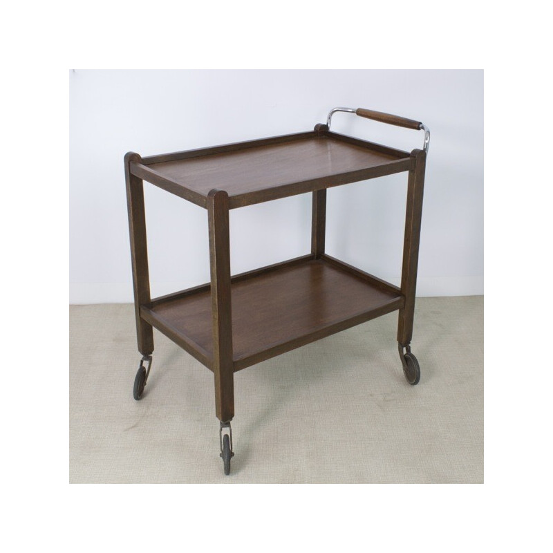 Vintage wood and metal serving table with wheels, 1930