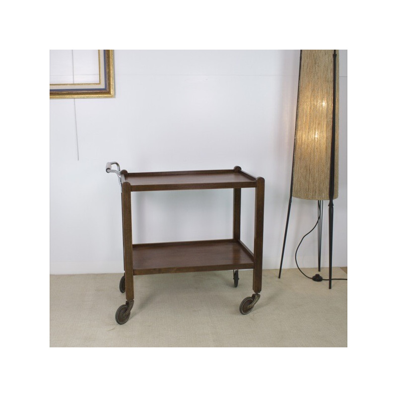 Vintage wood and metal serving table with wheels, 1930