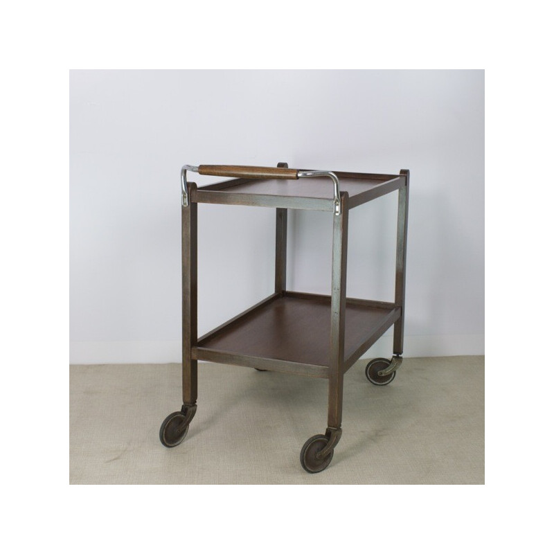 Vintage wood and metal serving table with wheels, 1930