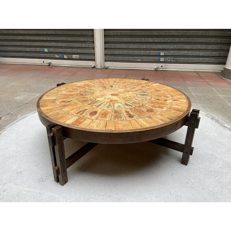 Vintage stoneware and wood coffee table by Roger Capron, 1960-1970