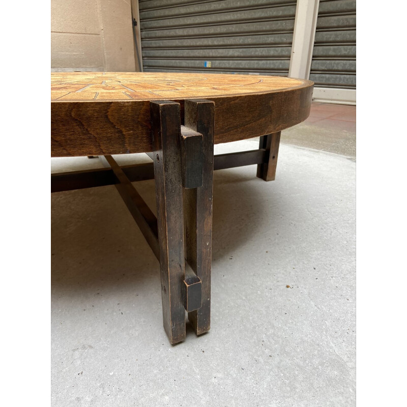 Vintage stoneware and wood coffee table by Roger Capron, 1960-1970