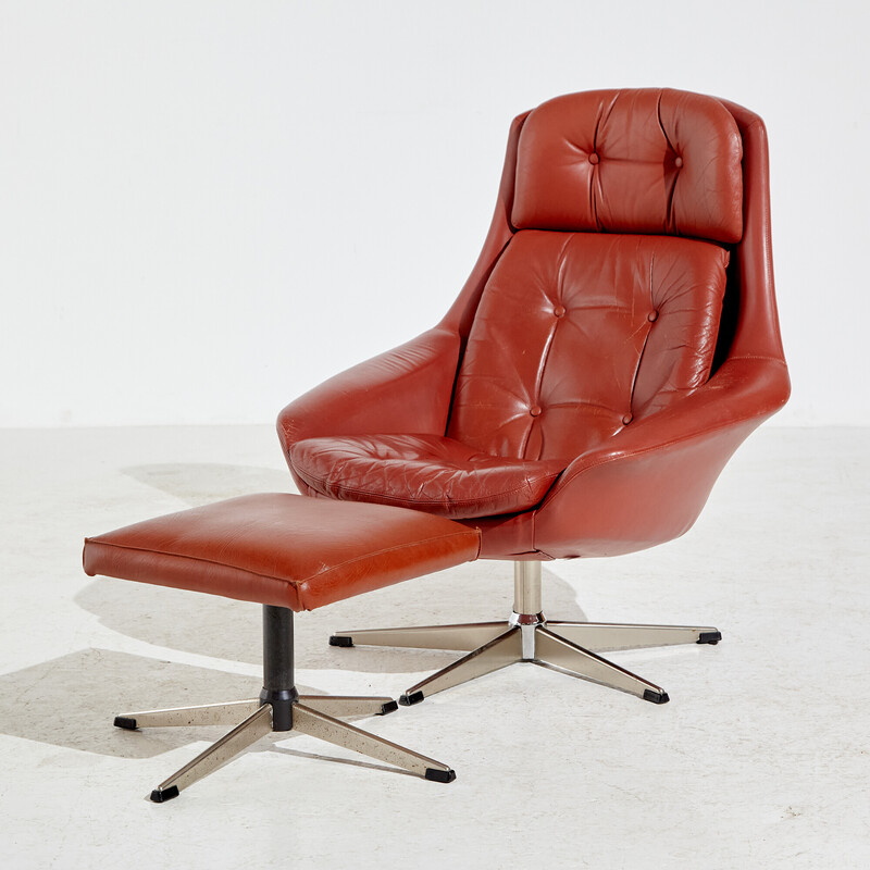 Vintage leather armchair with ottoman by Henry Walter Klein for Bramin, 1960s