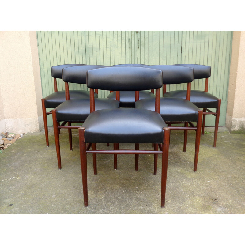 Set of 6 Scandinavian chairs in rosewood and black leatherette - 1960s