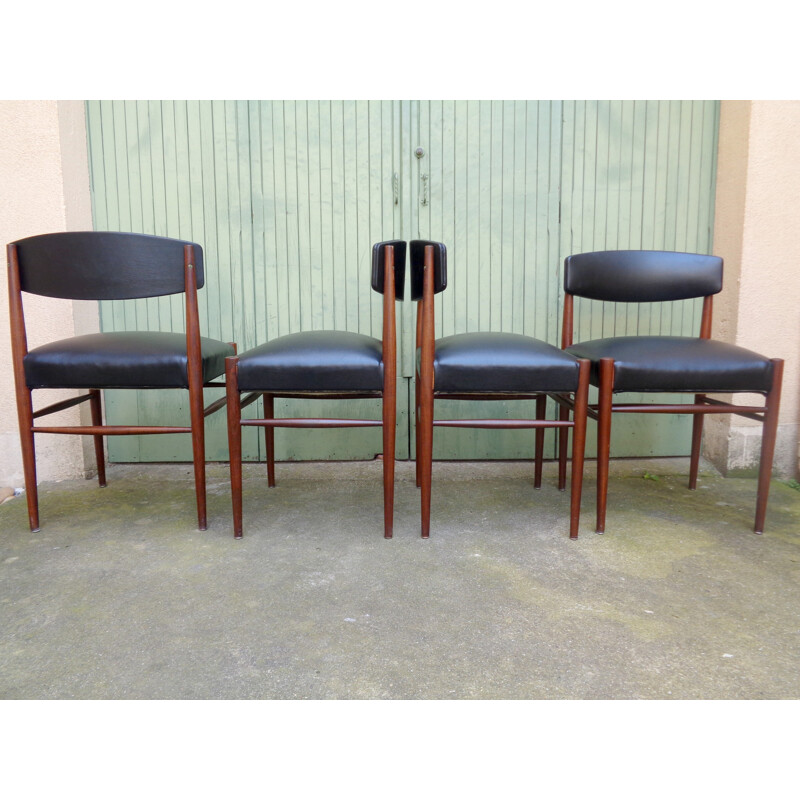 Suite de 6 chaises scandinaves en palissandre et simili cuir noir - 1960