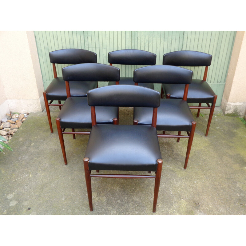 Set of 6 Scandinavian chairs in rosewood and black leatherette - 1960s