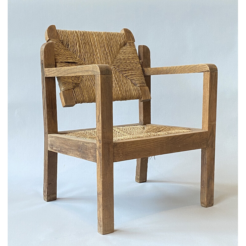 Vintage wood and straw armchair for children, 1950