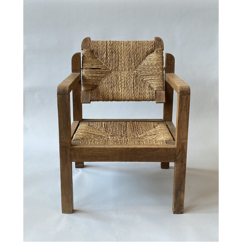 Cadeira de braços para crianças Vintage em madeira e palha, 1950