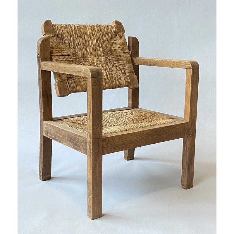 Vintage wood and straw armchair for children, 1950