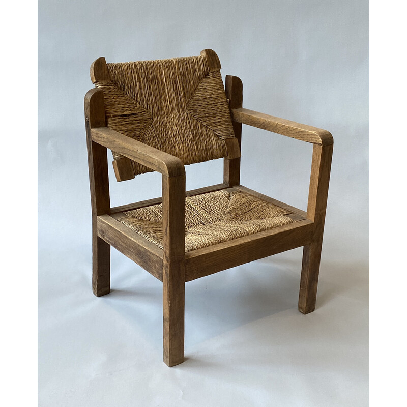 Cadeira de braços para crianças Vintage em madeira e palha, 1950