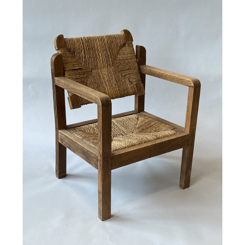 Vintage kinderfauteuil van hout en stro, 1950