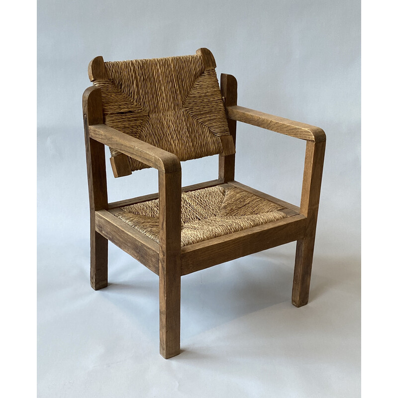 Vintage wood and straw armchair for children, 1950