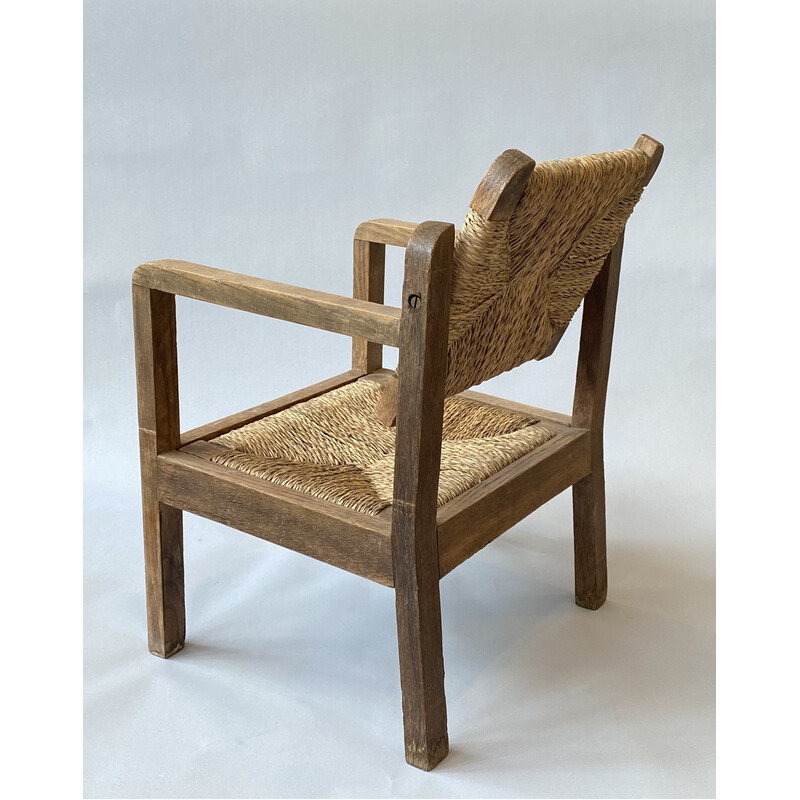 Vintage kinderfauteuil van hout en stro, 1950