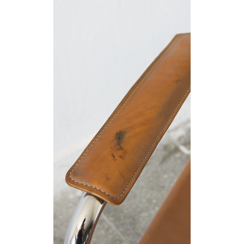 Chaise Bauhaus vintage italienne avec tubes en acier et cuir patiné