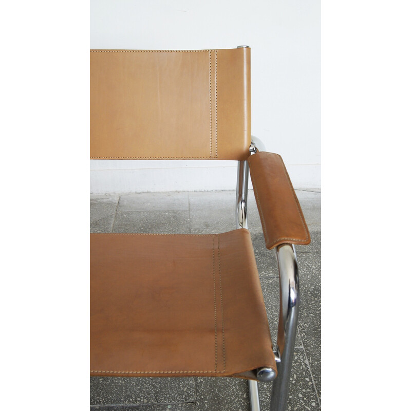 Vintage Italiaanse Bauhaus stoel met stalen buizen en gepatineerd leer