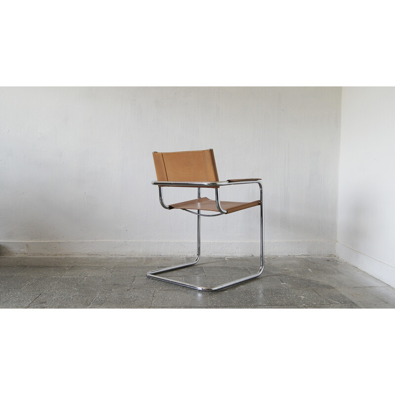 Sedia Bauhaus italiana vintage con tubi d'acciaio e pelle patinata