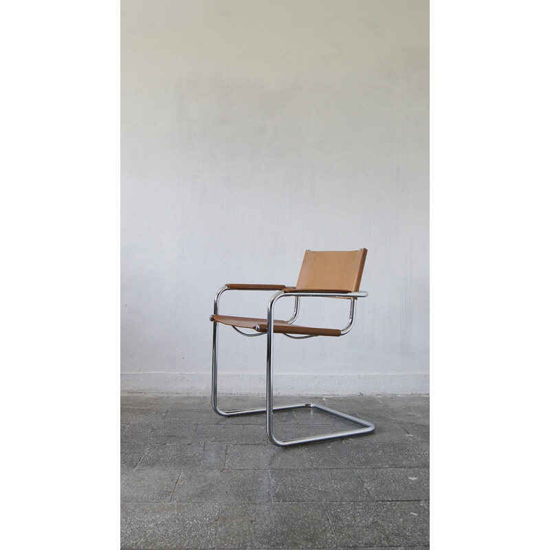 Vintage Italiaanse Bauhaus stoel met stalen buizen en gepatineerd leer
