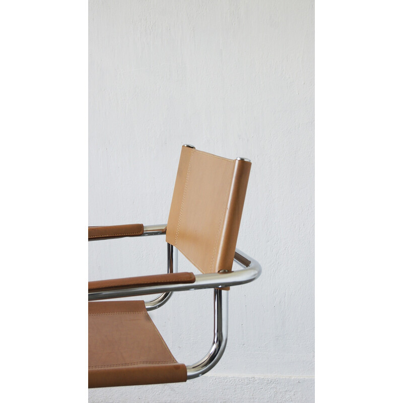 Vintage Italiaanse Bauhaus stoel met stalen buizen en gepatineerd leer