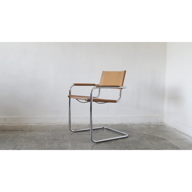 Italian vintage Bauhaus chair with steel tubes and patinated leather