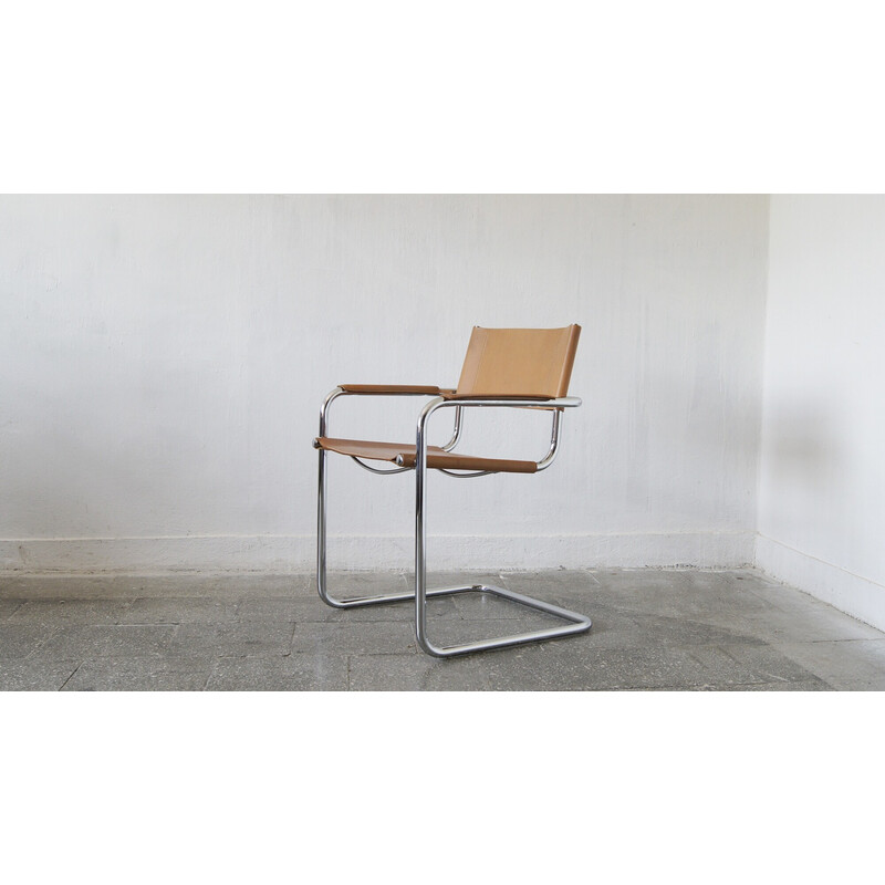 Italian vintage Bauhaus chair with steel tubes and patinated leather