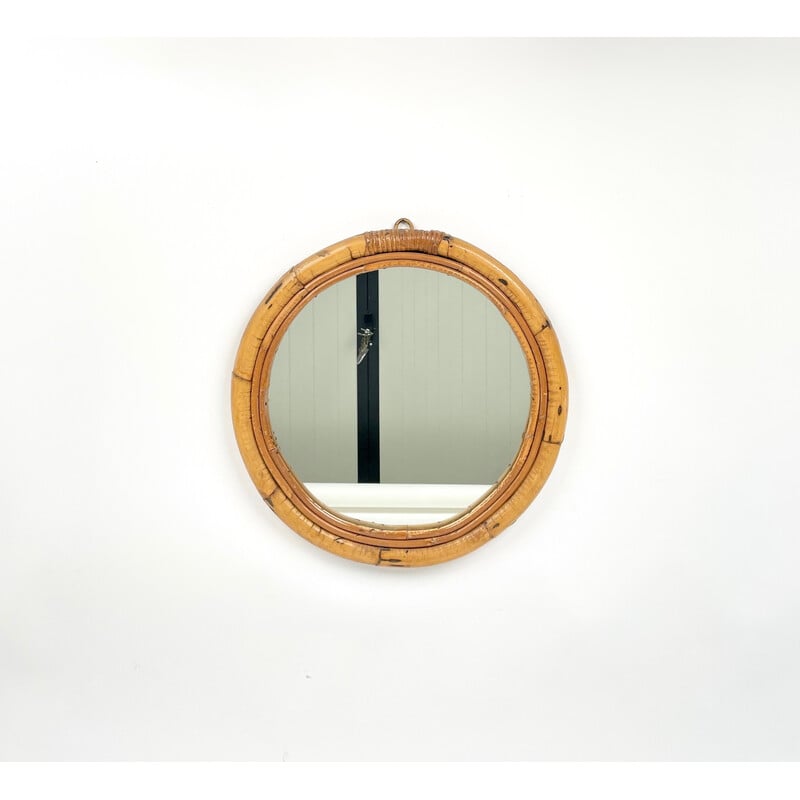 Specchio vintage rotondo in bambù, Italia 1960