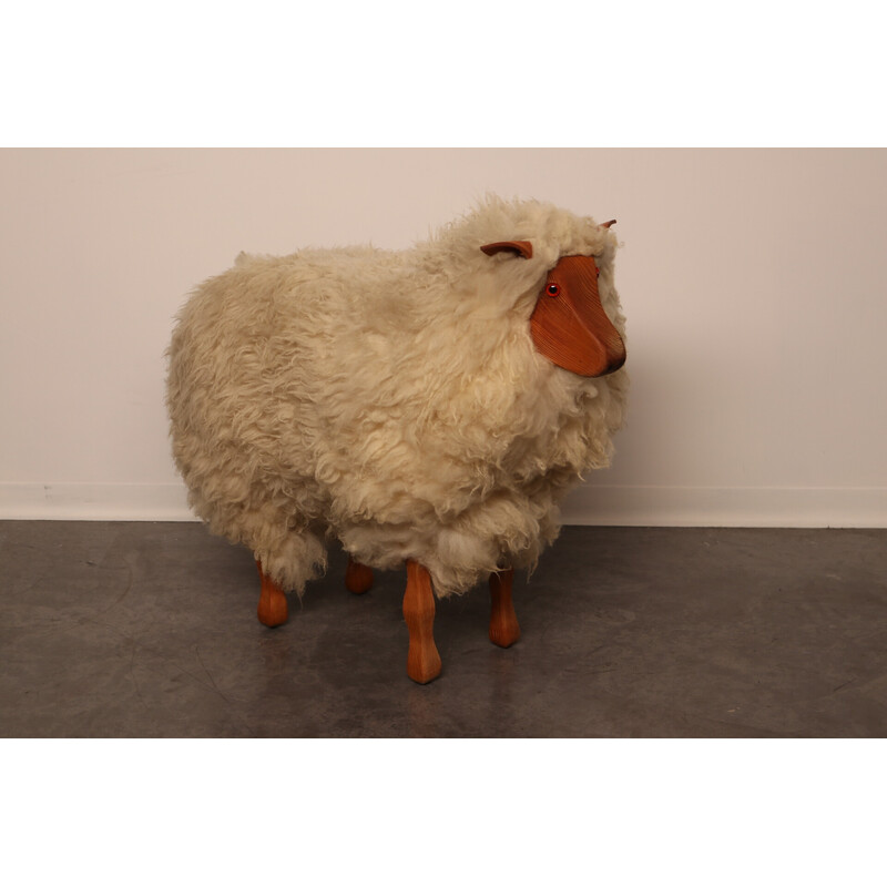 Vintage footrest handcrafted sheep with Texel wool, Netherlands 1960s