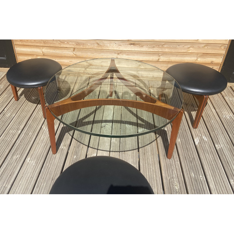 Vintage coffee table and 3 stools by Sven Ellekaer for Christian Linneberg