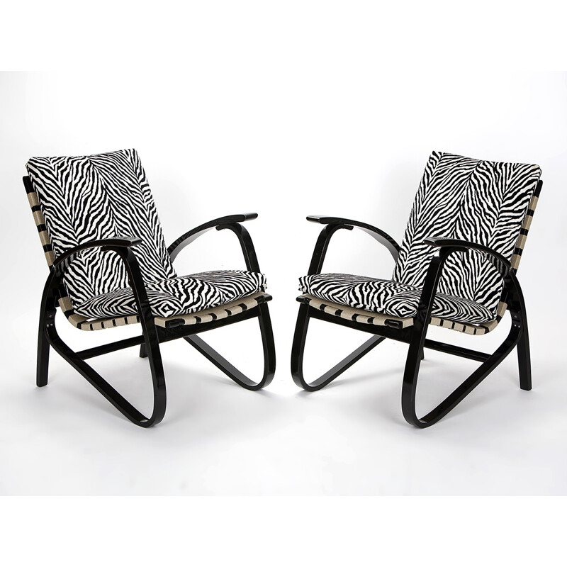 Paar beukenhouten en zebra stoffen fauteuils, Jan VANEK - 1930