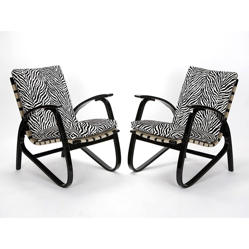 Pair of armchairs in beech and zebra print velvet, Jan VANEK - 1930s