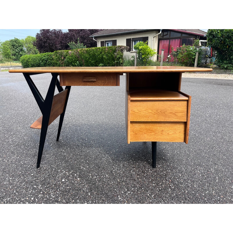 Vintage solid oak desk by Louis Paolozzi for Guermonprez, 1950s