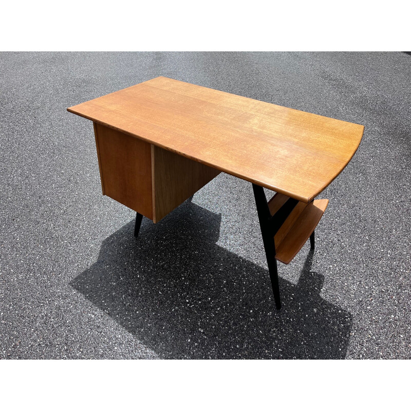 Vintage solid oak desk by Louis Paolozzi for Guermonprez, 1950s