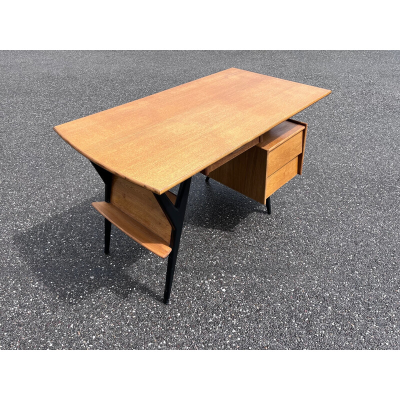 Vintage solid oak desk by Louis Paolozzi for Guermonprez, 1950s