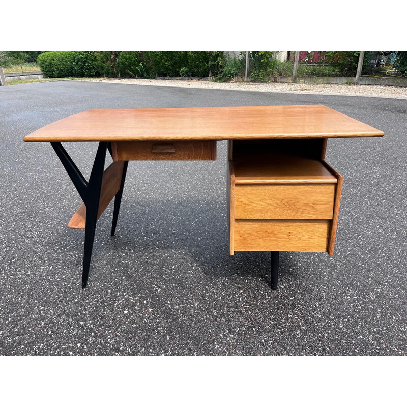 Vintage solid oak desk by Louis Paolozzi for Guermonprez, 1950s