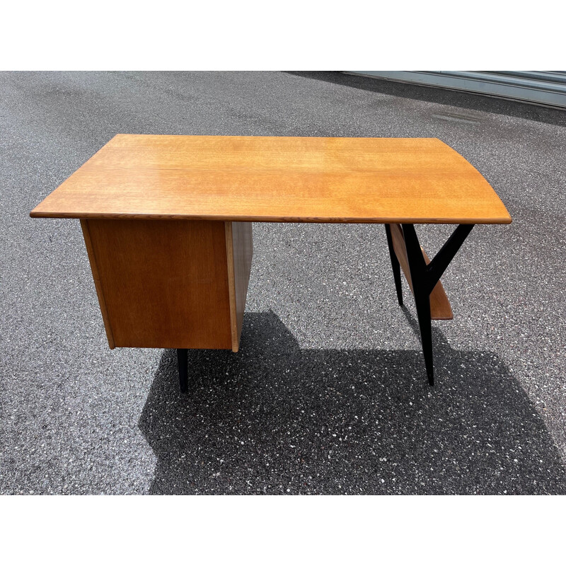 Vintage solid oak desk by Louis Paolozzi for Guermonprez, 1950s