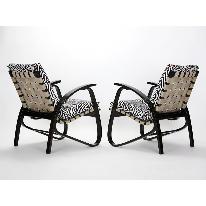 Paar beukenhouten en zebra stoffen fauteuils, Jan VANEK - 1930