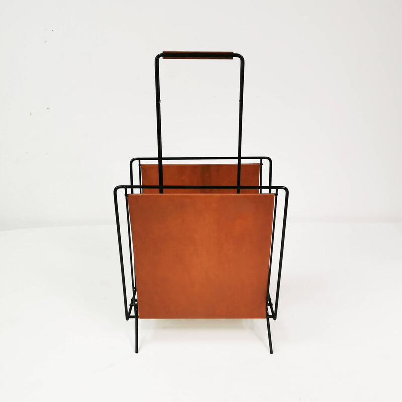 Vintage metal and teak wood magazine rack, Germany 1970s